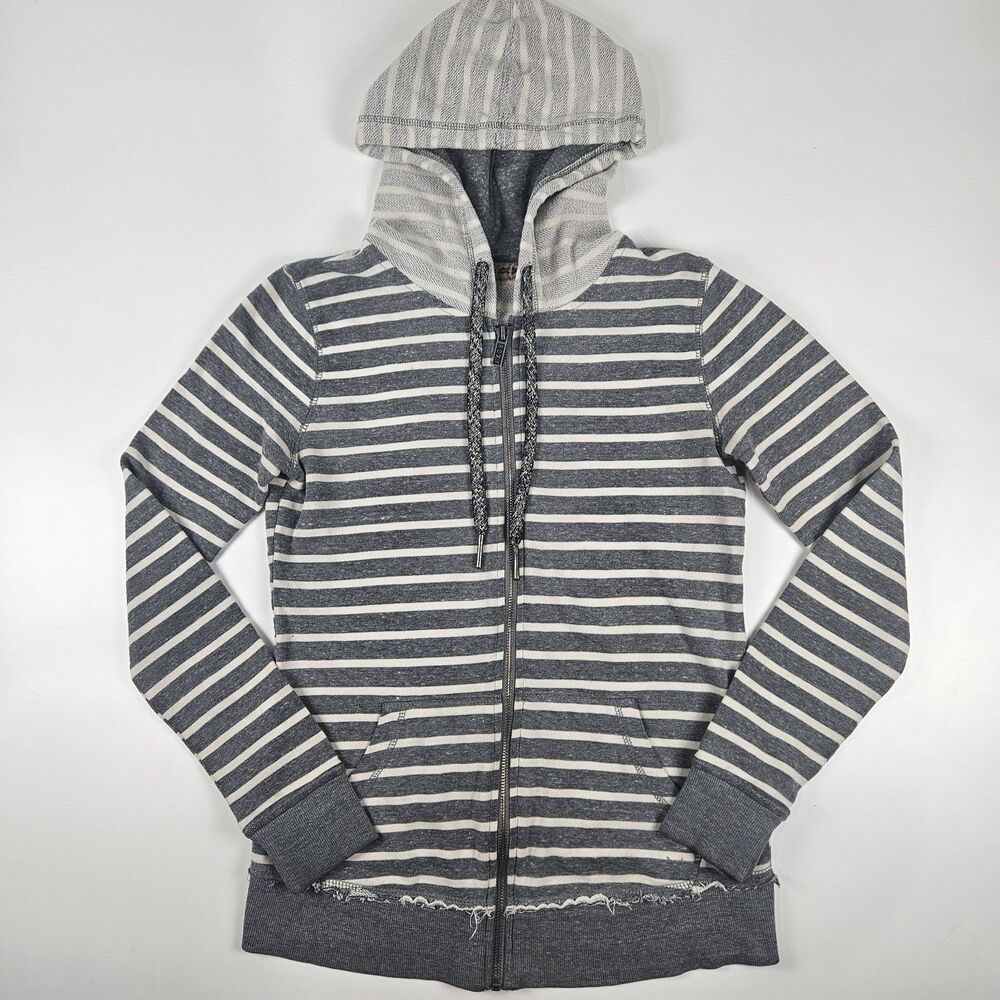 Roxy Gray White Striped Full Zip Hoodie Sweatshirt w/ Pockets Raw Hem Small